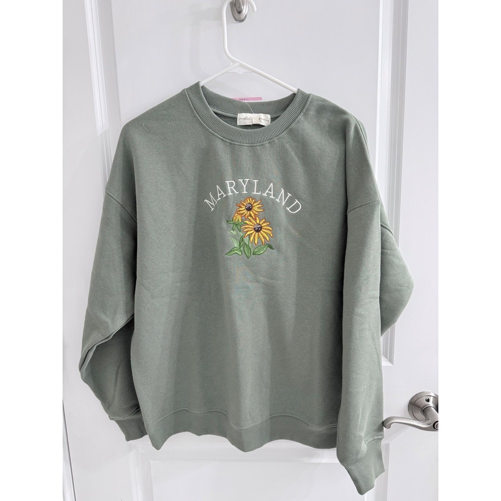 State of Mine Maryland Sunflower Embroidered Sweatshirt Sage Green Small NWT